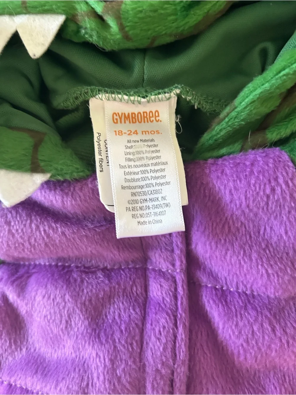 Gymboree Green & Purple Dragon Costume with Hood - 18-24 Mo